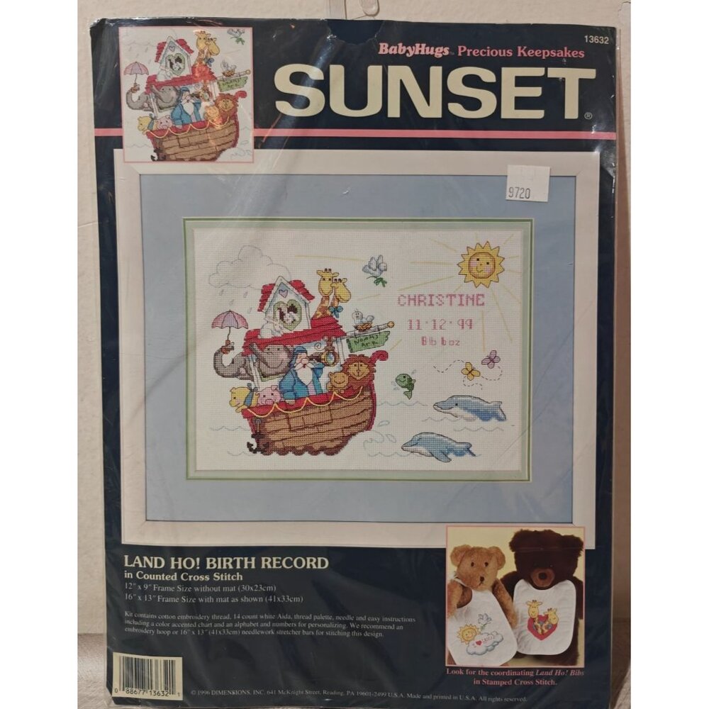 Vintage Sunset BabyHugs Land Ho Birth Record Counted Cross Stitch Kit 13632